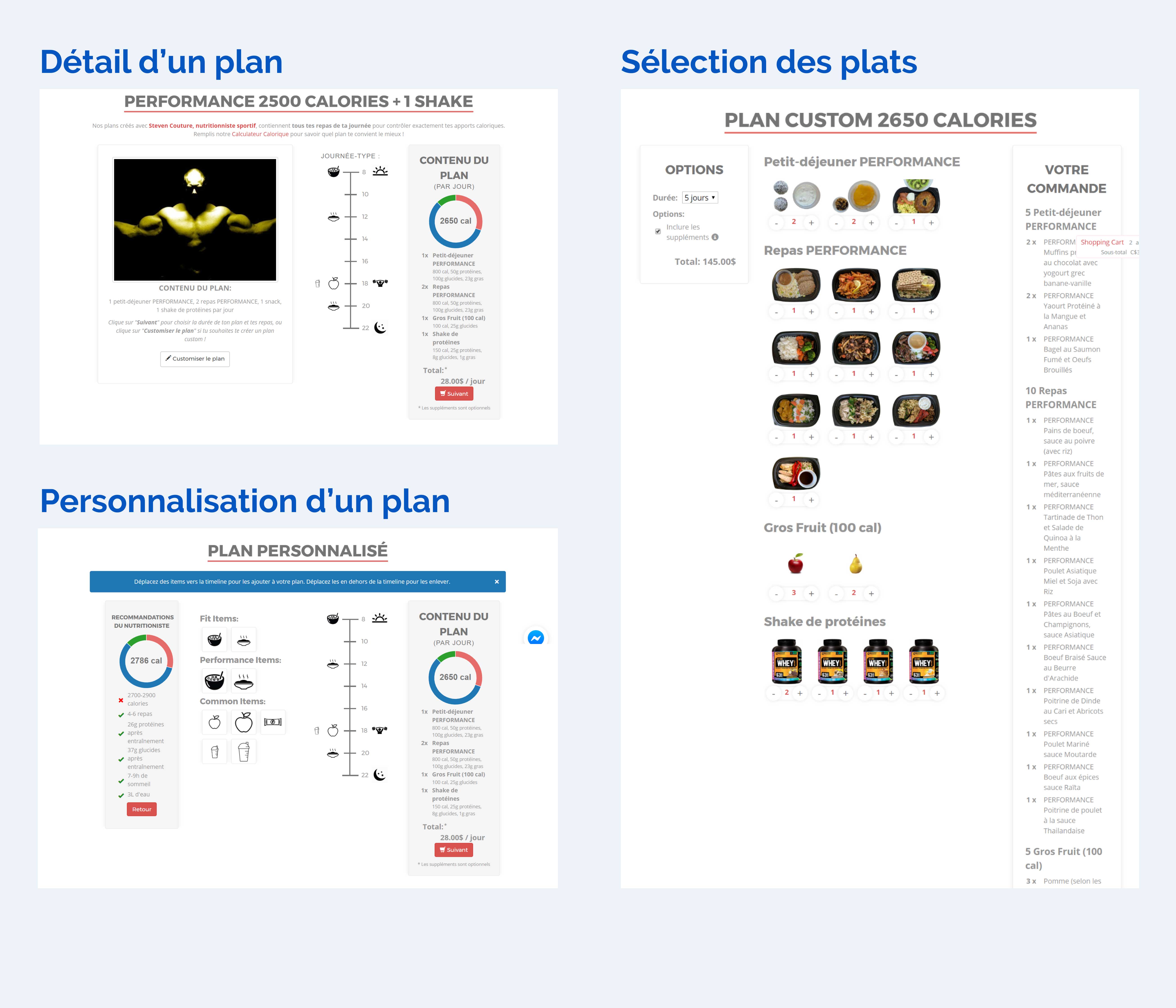 Anciennes pages de détail d'un plan, de sélection des plats, et de personnalisation d'un plan du site Fit-Plans 